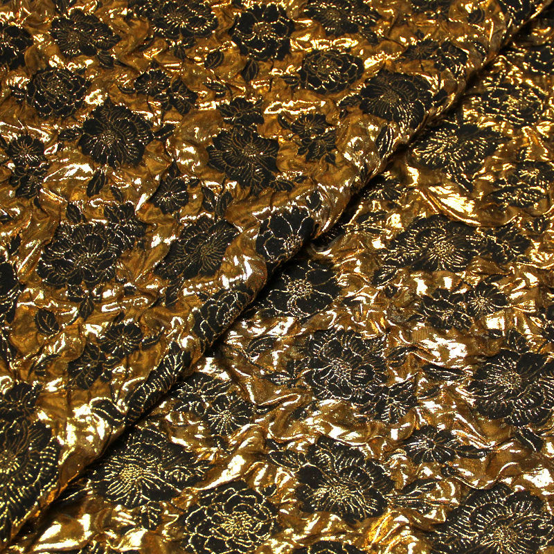 Tissu brocart - Fleuri moutarde fond noir