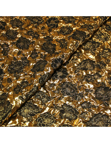 Tissu brocart - Fleuri moutarde fond noir
