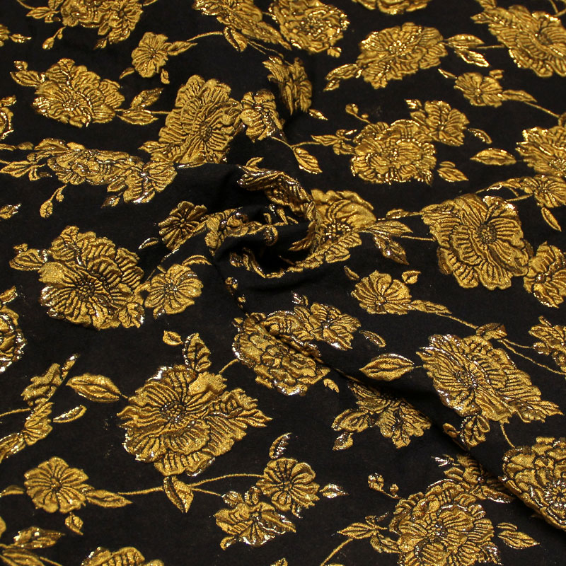 Tissu brocart - Fleuri moutarde fond noir