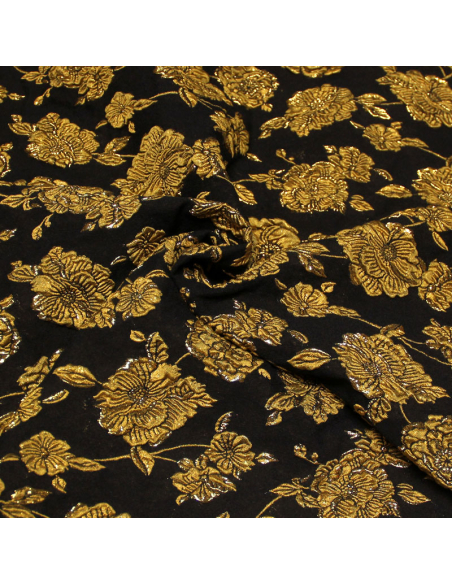 Tissu brocart - Fleuri moutarde fond noir