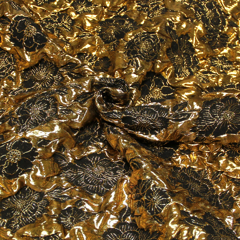 Tissu brocart - Fleuri moutarde fond noir
