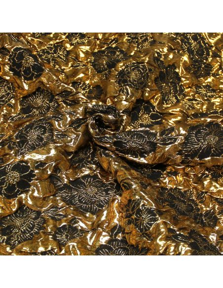 Tissu brocart - Fleuri moutarde fond noir