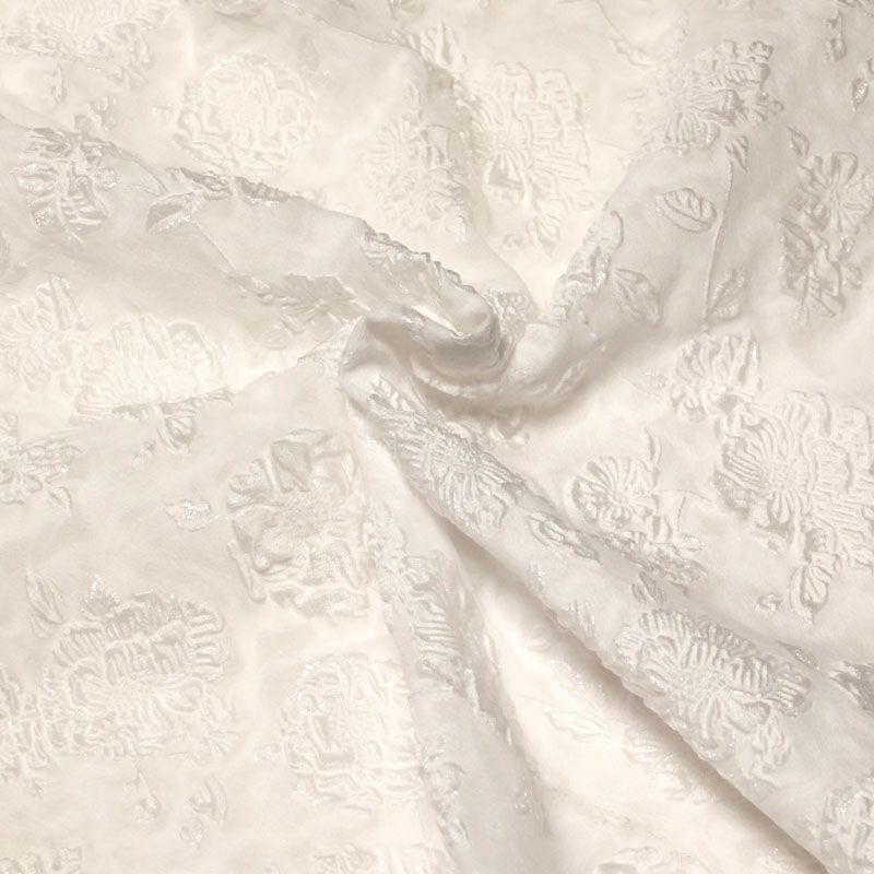 Tissu brocart - Fleuri blanc optique ton sur ton