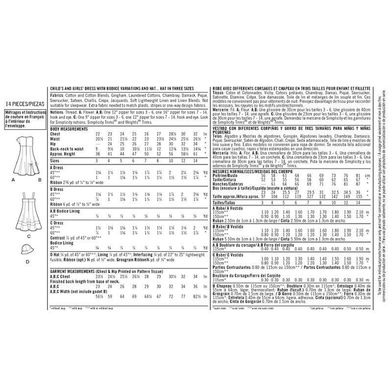 Patron Simplicity 1456.K5 - Robe fille avec choix de corsages et chapeau