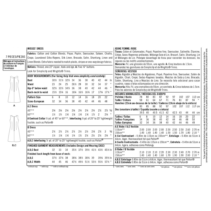 Patron Simplicity 1609.H5 - Robe droite