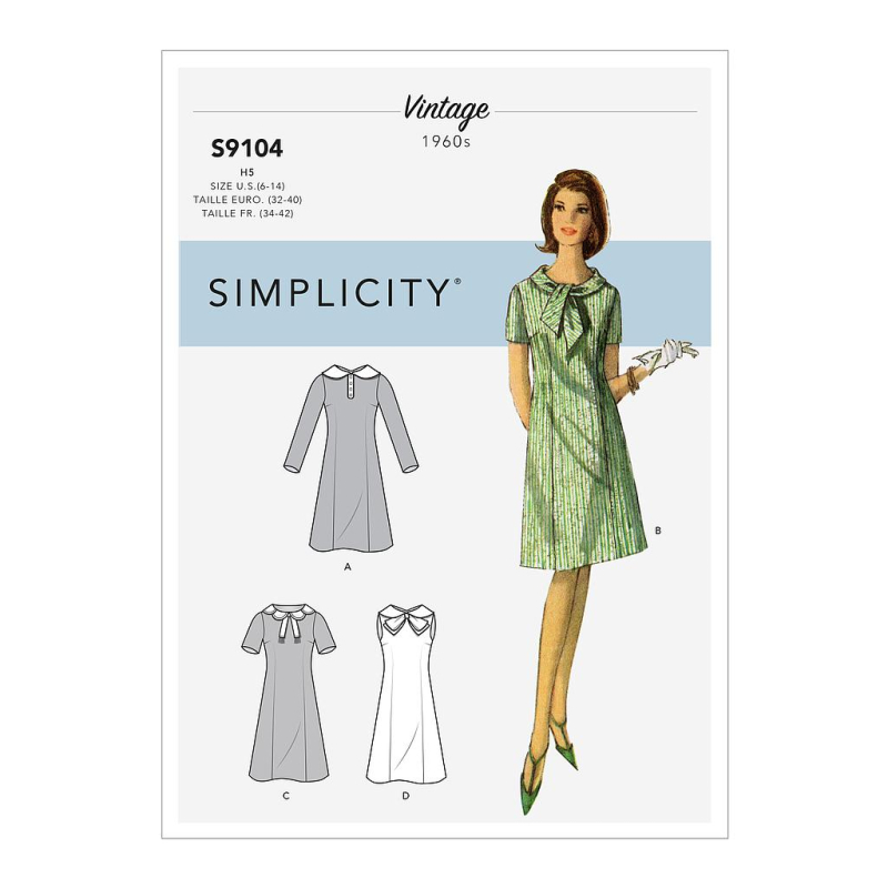 Patron Simplicity 9104.R5 - Robe Vintage rétro Sixties différents cols