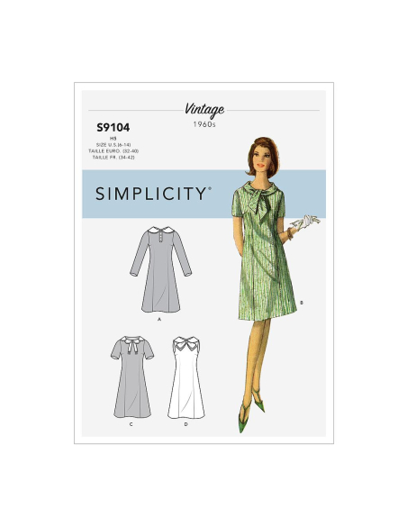 Patron Simplicity 9104.R5 - Robe Vintage rétro Sixties différents cols