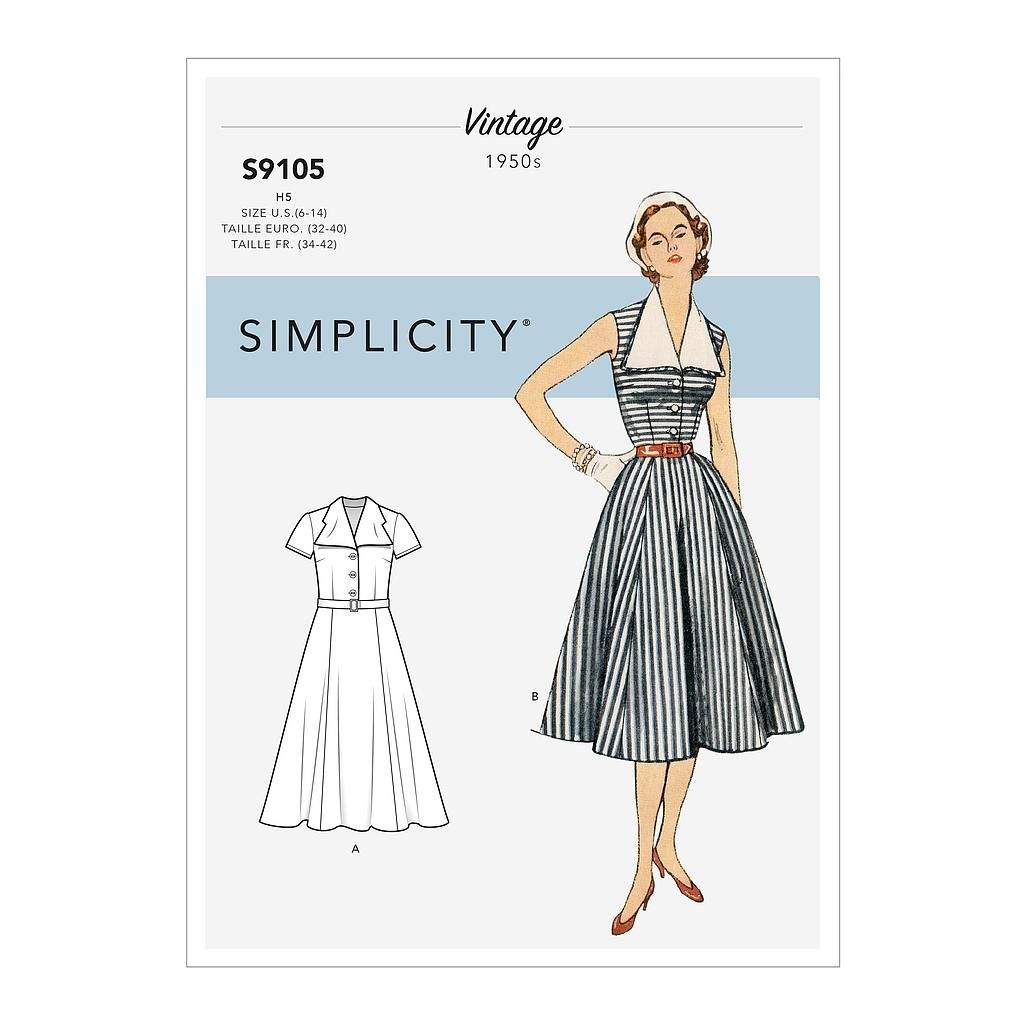 Patron Simplicity 9105.H5 - Robe Vintage rétro Fifties au col à revers détachable