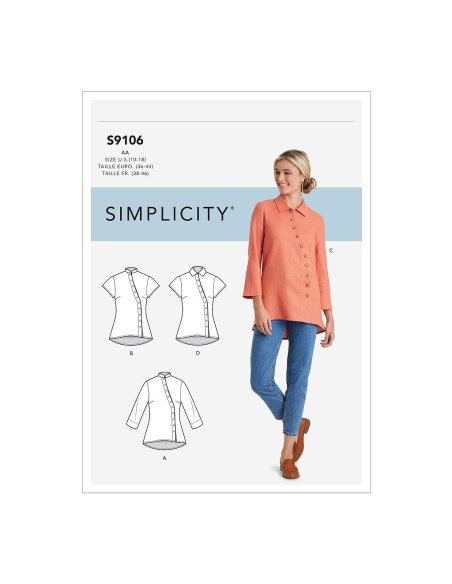Patron Simplicity 9106.AA - Chemisier femme Mao et boutonnière diagonale