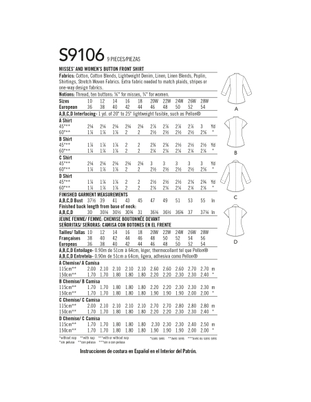 Patron Simplicity 9106.AA - Chemisier femme Mao et boutonnière diagonale