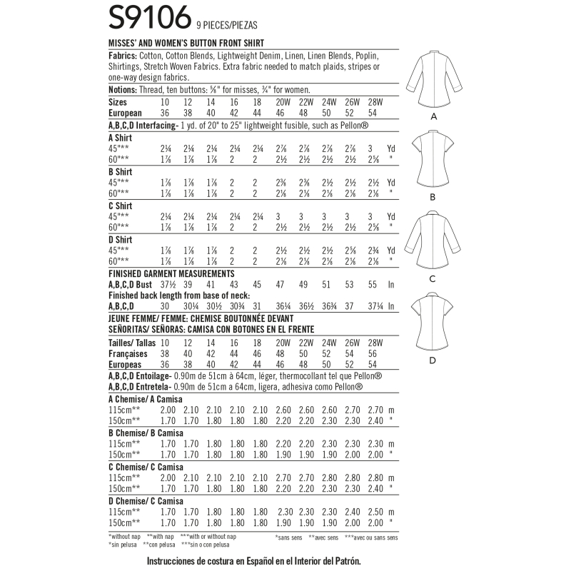 Patron Simplicity 9106.BB - Chemisier femme Mao et boutonnière diagonale