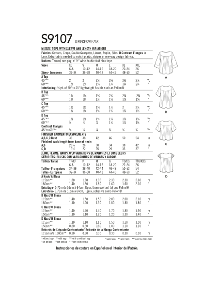 Patron Simplicity 9107.A - Blouse femme droite dos à plis plats