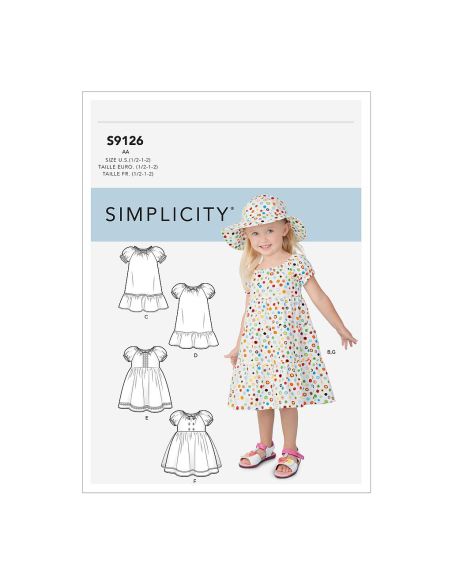 Patron Simplicity 9126.BB - Robe fillette manches raglan bouffantes et chapeau