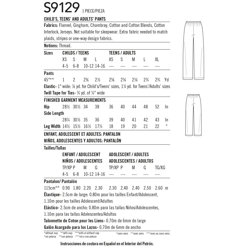 Patron Simplicity 9129.A - Pantalon de pyjama famille