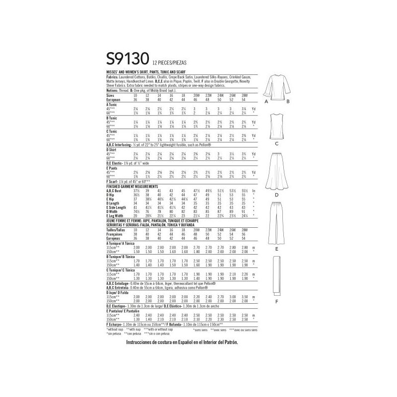 Patron Simplicity 9130.BB - Ensemble Tunique pantalon ou jupe femme