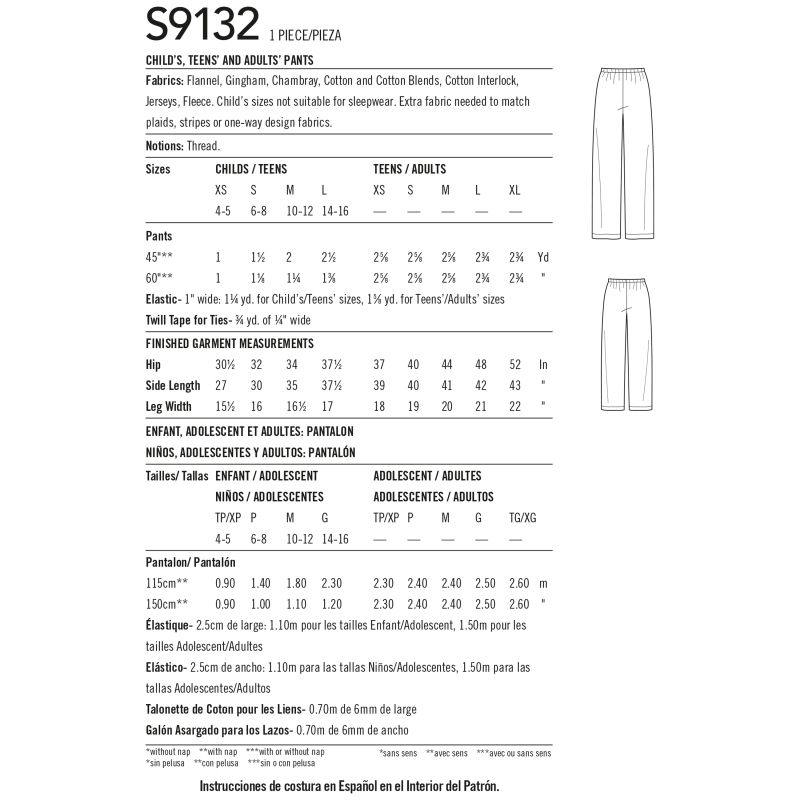 Patron Simplicity 9132.A - Pantalon de Pyjama pour toute la famille
