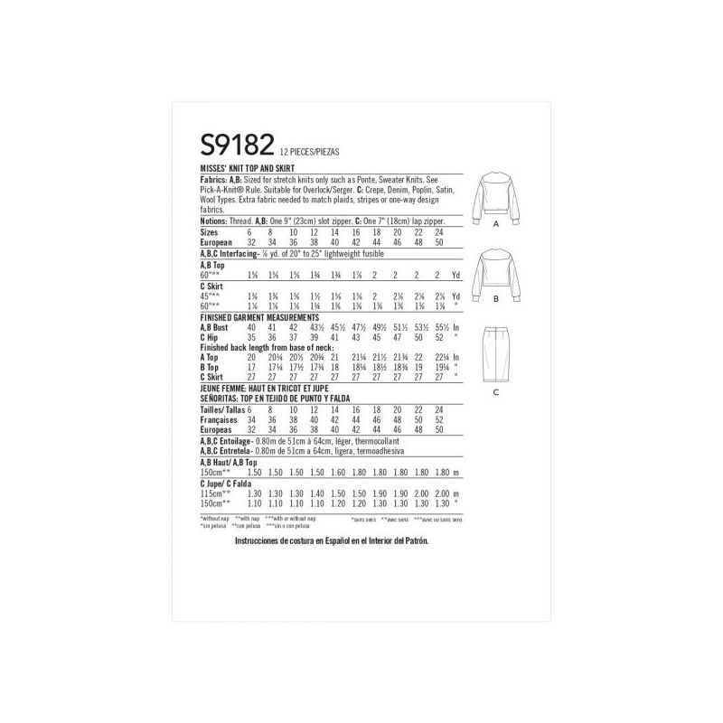 Patron Simplicity 9182.H5 - Ensemble Top en maille 1/2 zip et Jupe avec fente au devant