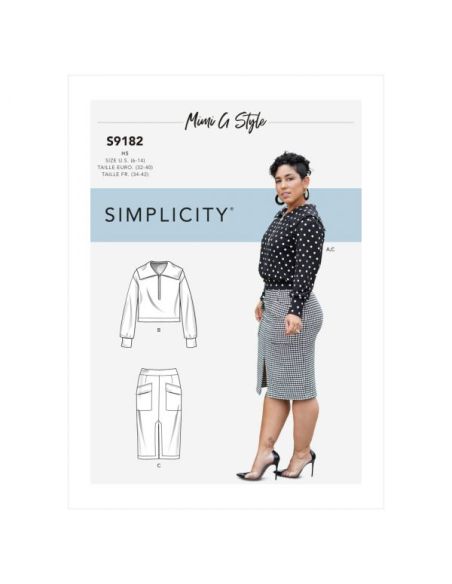 Patron Simplicity 9182.U5 - Ensemble Top en maille 1/2 zip et Jupe avec fente au devant