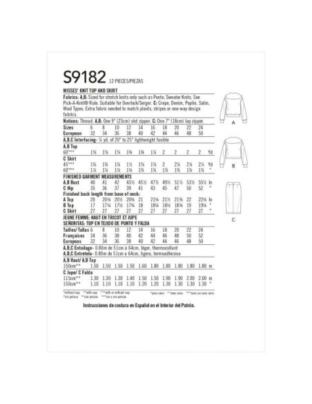 Patron Simplicity 9182.U5 - Ensemble Top en maille 1/2 zip et Jupe avec fente au devant