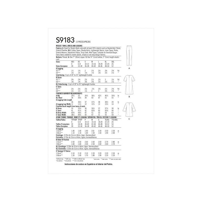 Patron Simplicity 9183.A - Ensemble Top, Tunique, Robe et Pantalon décontracté