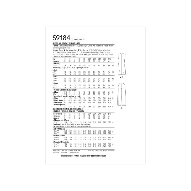 Patron Simplicity 9184.BB - Ensemble Veste sans manche et Pantalon droit