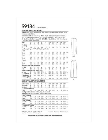 Patron Simplicity 9184.BB - Ensemble Veste sans manche et Pantalon droit