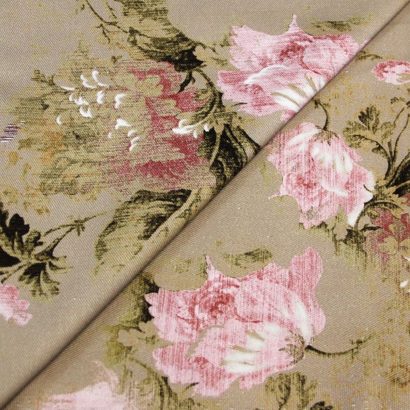 Gabardine coton & élasthanne - Fleuri rose fond beige