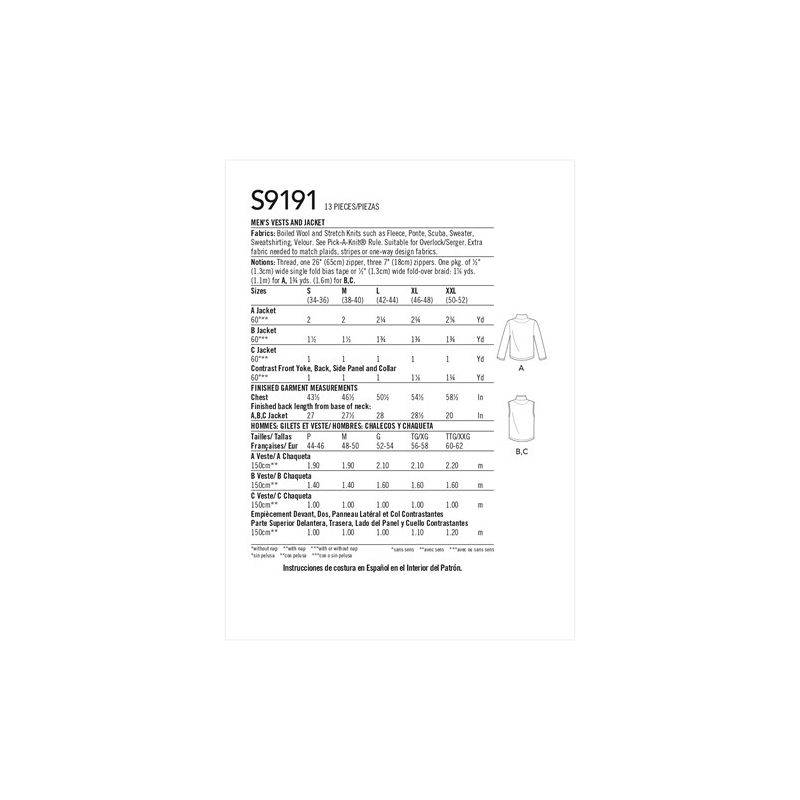 Patron Simplicity 9191.A - Blouson Homme et Bodywarmer zippé à col droit