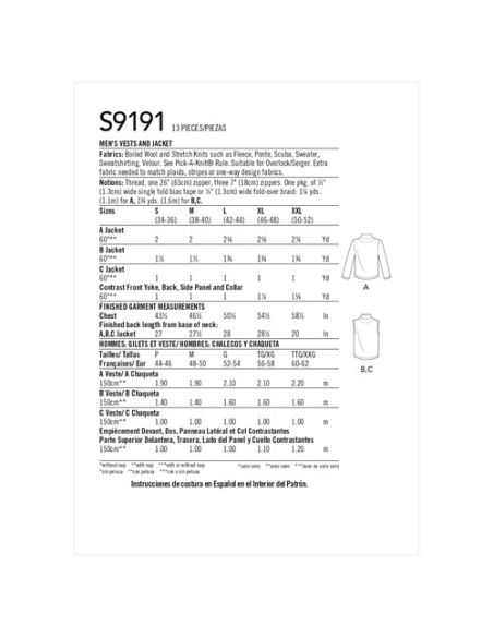 Patron Simplicity 9191.A - Blouson Homme et Bodywarmer zippé à col droit