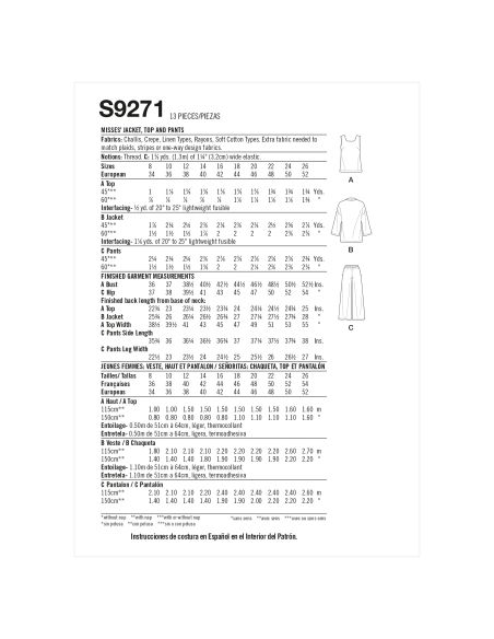 Patron Simplicity 9271.Y5 - Ensemble Top, Veste et Pantalon