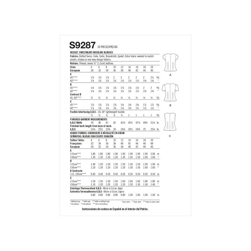 Patron Simplicity 9287.D5 - Top Femme avec décolleté en cœur, boutonné au devant