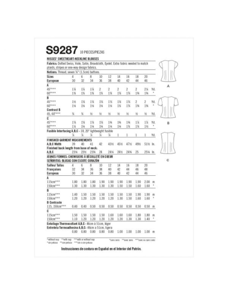 Patron Simplicity 9287.D5 - Top Femme avec décolleté en cœur, boutonné au devant