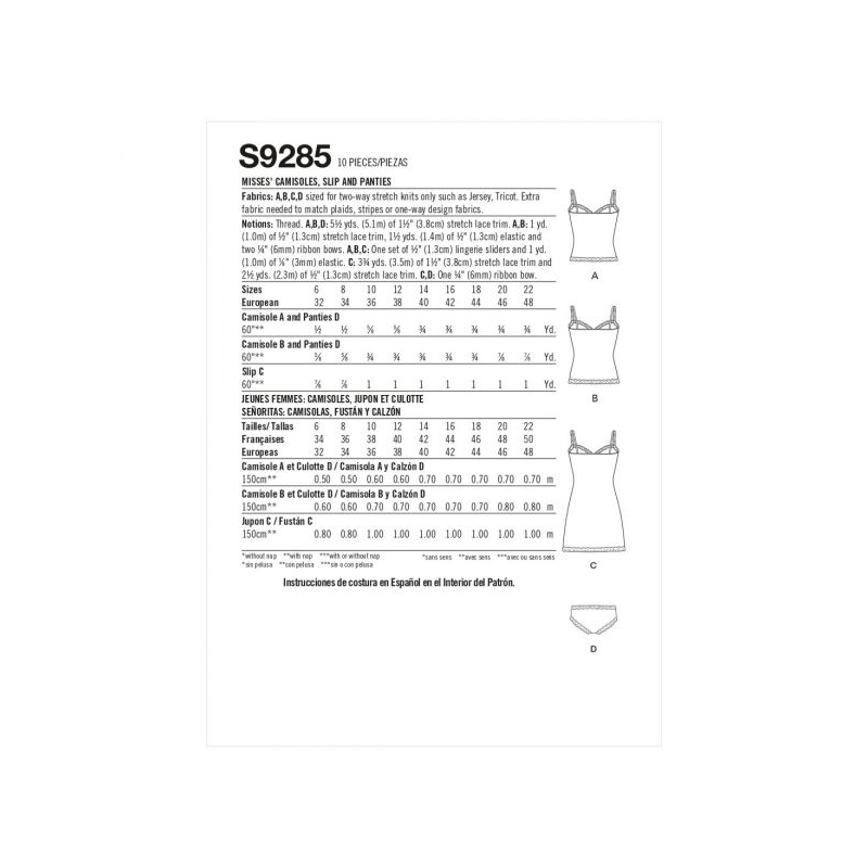 Patron Simplicity 9285.E5 - Ensemble Nuisette, top et slip