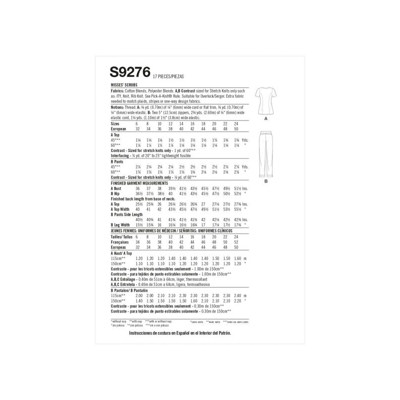 Patron Simplicity 9276.U5 - Ensemble Infirmière avec Blouse et Pantalon