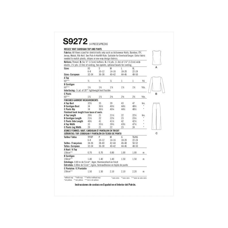 Patron Simplicity 9272.A - Ensemble maille Cardigan, Top et Pantalon