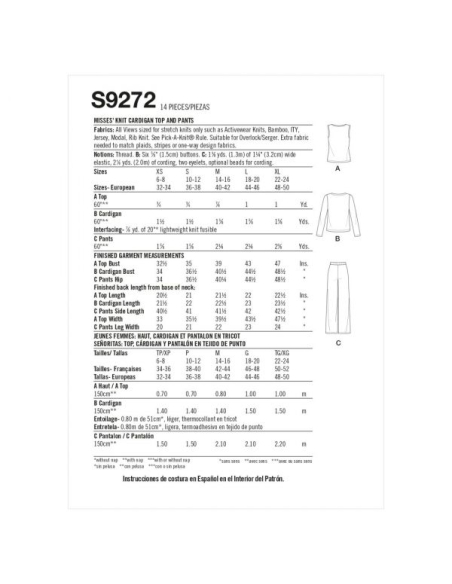 Patron Simplicity 9272.A - Ensemble maille Cardigan, Top et Pantalon