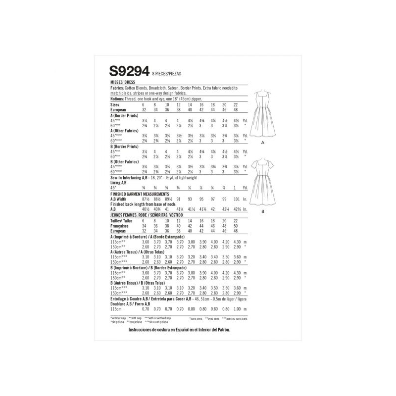 Patron Simplicity 9294.A5 - Robe avec haut ajusté et décolleté carré