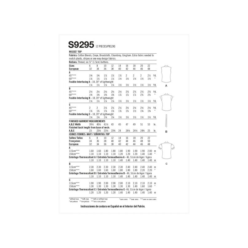 Patron Simplicity 9295.E5 - Chemise ajustée avec variations de cols et manches