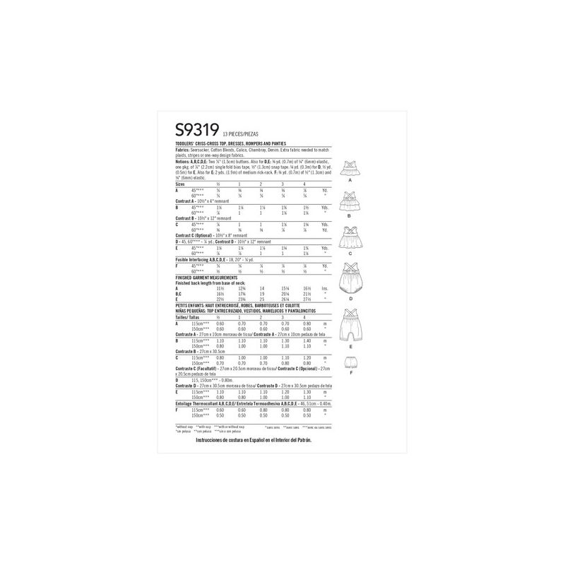 Patron Simplicity 9319.CAA - Ensemble Enfant Top, Robe, Combinaison et Culotte