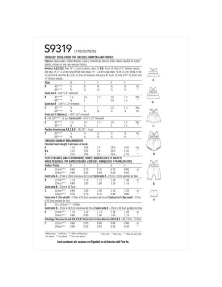 Patron Simplicity 9319.CAA - Ensemble Enfant Top, Robe, Combinaison et Culotte