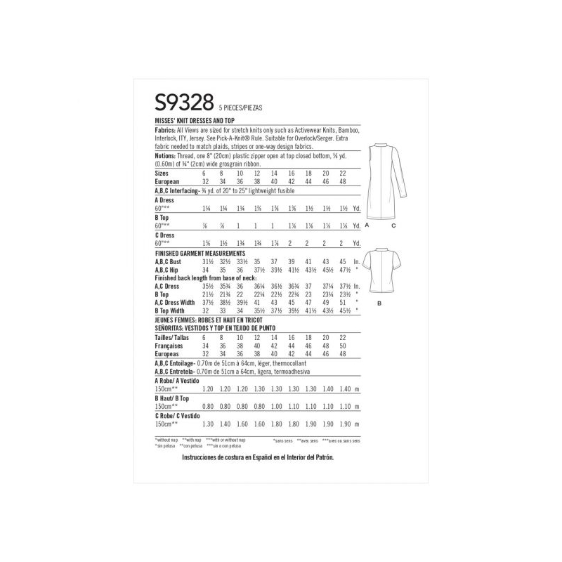 Patron Simplicity 9328.R5 - Robe et Top en maille avec col montant et 1/2 zip