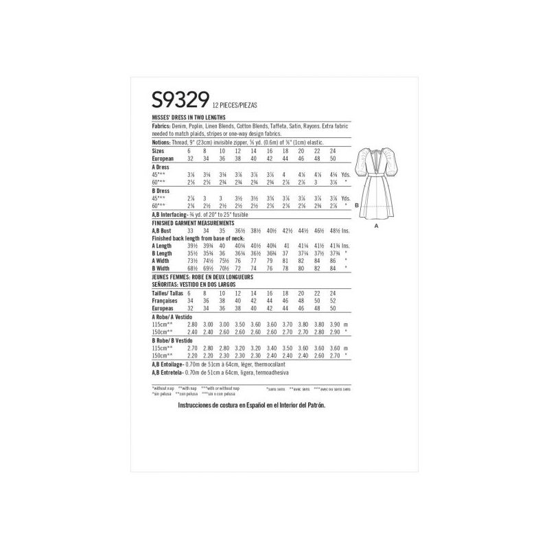 Patron Simplicity 9329.U5 - Robe avec haut croisé et manches raglan bouffantes