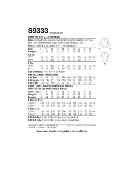 Patron Simplicity 9333.H5 - Top ample avec décolleté V et variations de manches