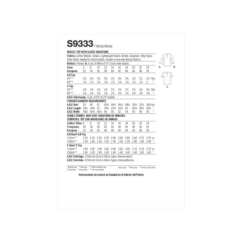 Patron Simplicity 9333.U5 - Top ample avec décolleté V et variations de manches