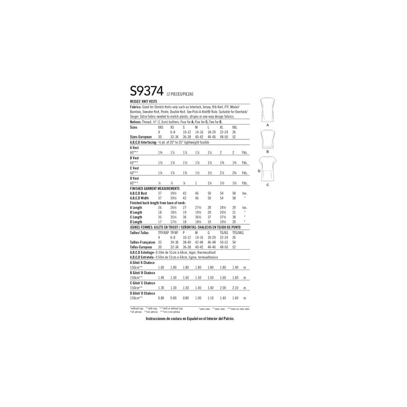 Patron Simplicity 9374.A - Gilets en tricot pour femme
