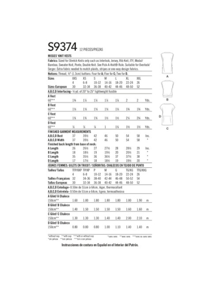Patron Simplicity 9374.A - Gilets en tricot pour femme
