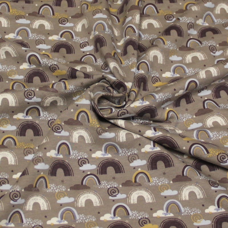 Jersey coton & élasthanne - Arc-en-ciel fond taupe