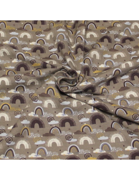Jersey coton & élasthanne - Arc-en-ciel fond taupe
