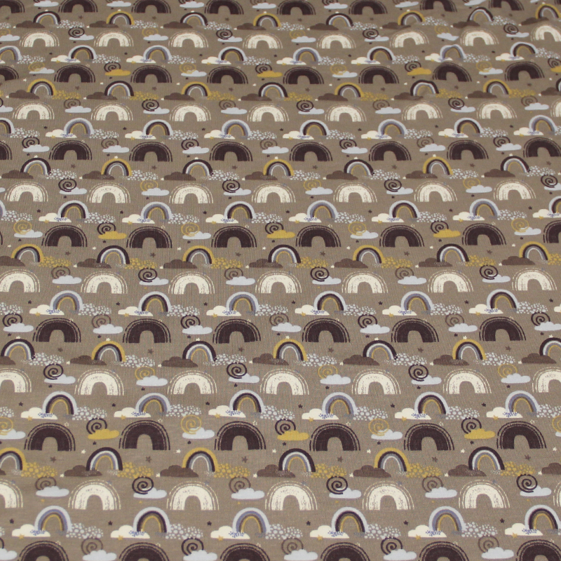 Jersey coton & élasthanne - Arc-en-ciel fond taupe