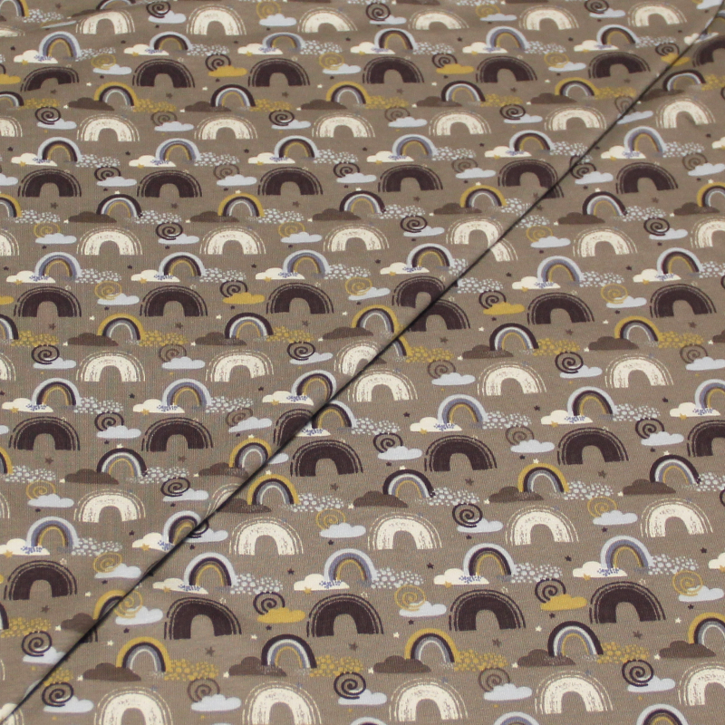 Jersey coton & élasthanne - Arc-en-ciel fond taupe